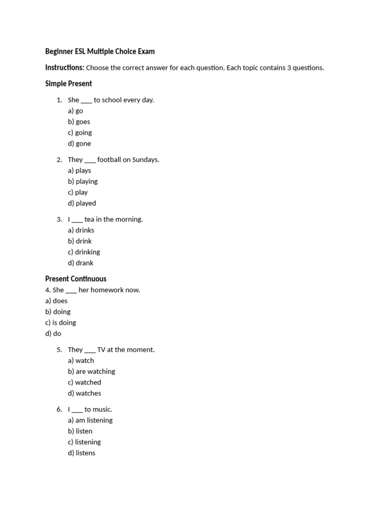 Beginner ESL Multiple Choice Quiz | PDF