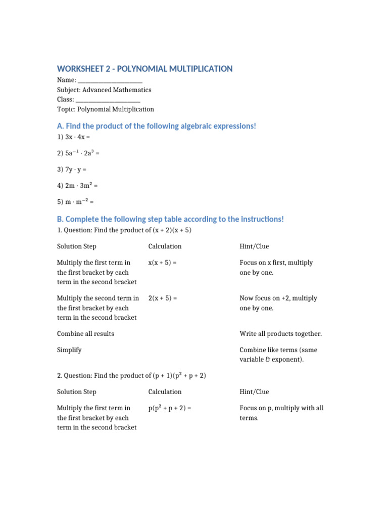 Polynomial Multiplication Worksheet | PDF | Multiplication | Number Theory