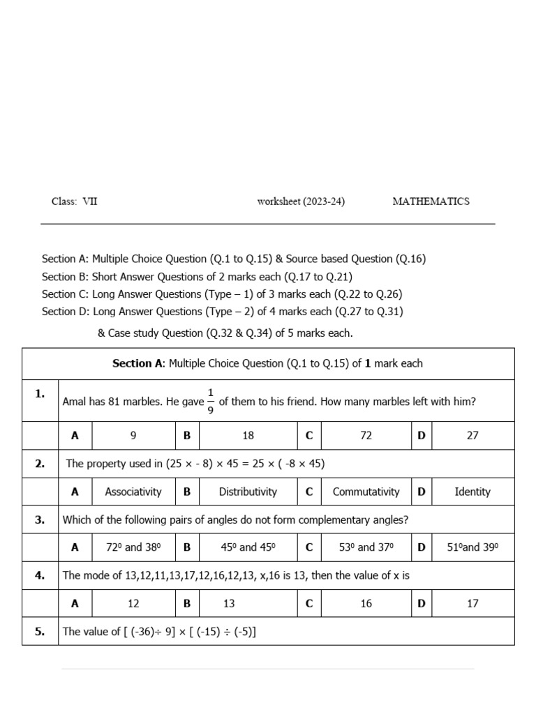 Class 7 Revision Paper 4 | PDF