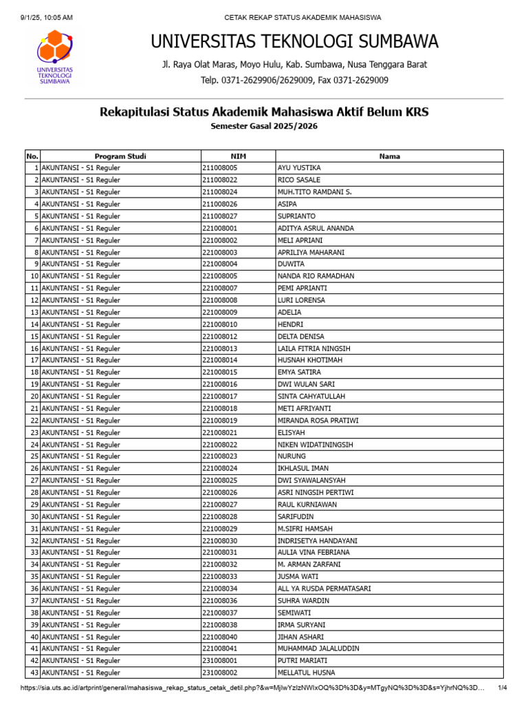 Rekap Mahasiswa Belum KRS 2025/2026 | PDF