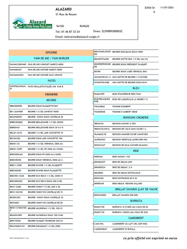 Tarifs Épicerie et Crèmerie 07/2023 | PDF | Fromage | Cuisine française