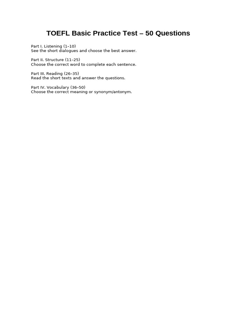 TOEFL Basic Test With Answer Key | PDF