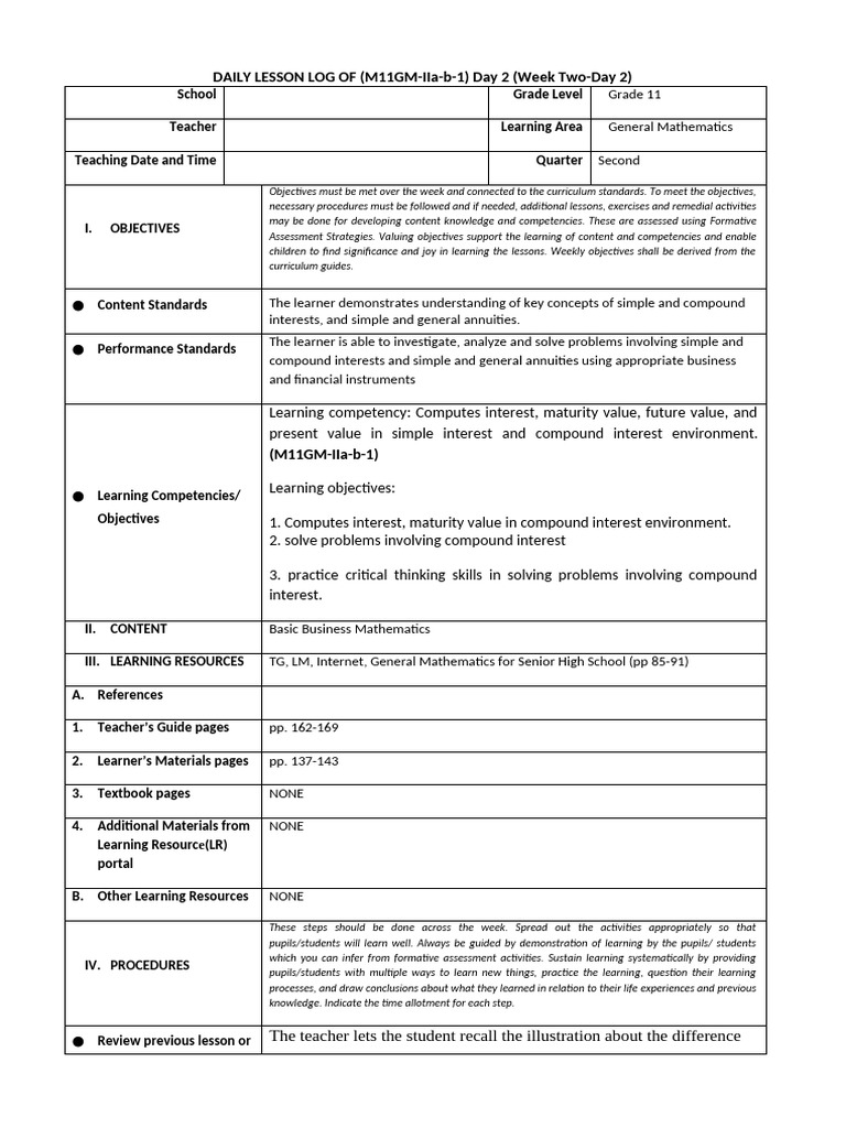 Grade 11 General Math Lesson Plan | PDF | Learning | Teachers
