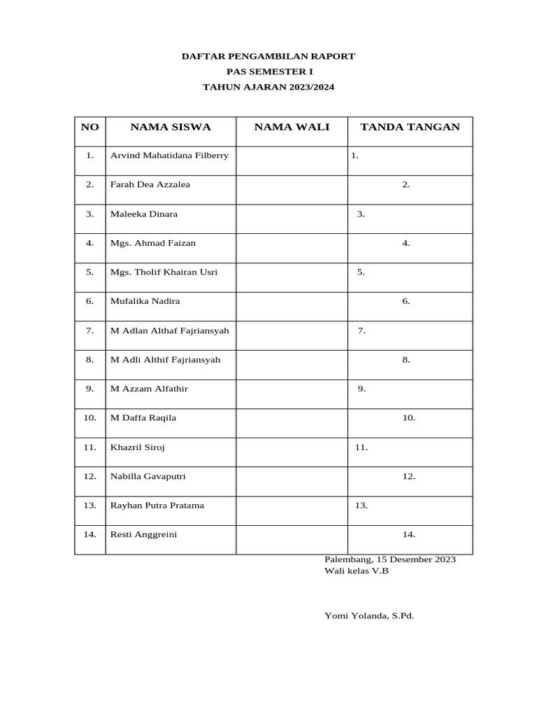 Daftar Hadir Pengambilan Raport-1 | PDF