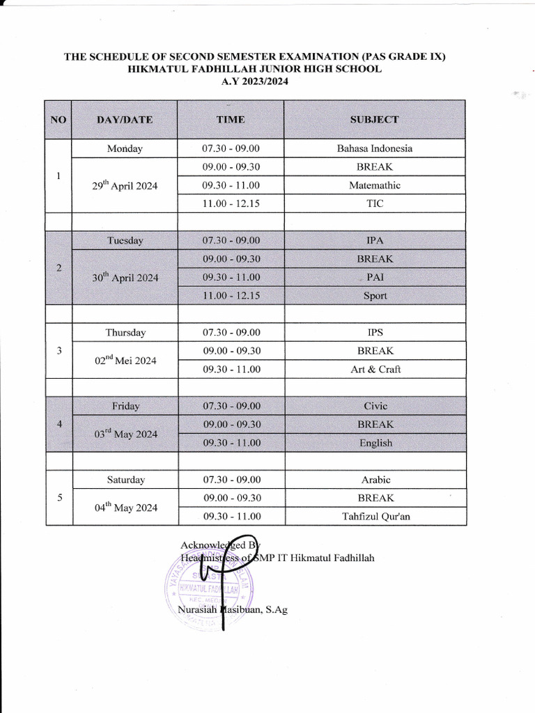 Grade IX Second Semester Exam Schedule | PDF