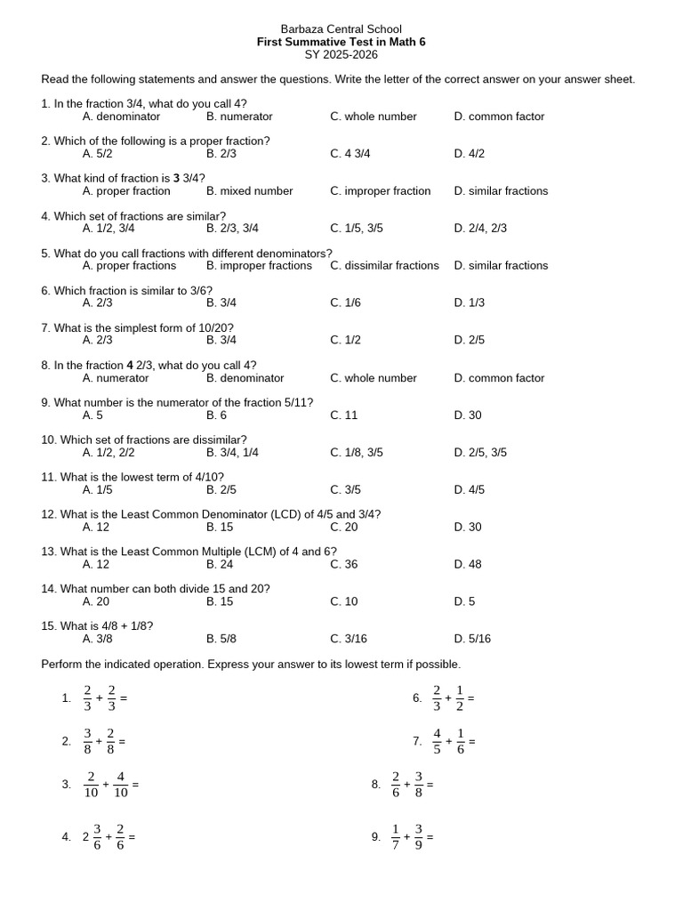 Math 6 Summative Test Questions | PDF | Arithmetic | Chess Theory