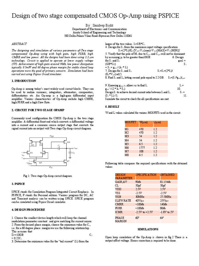 Two-Stage Compensated CMOS Op-Amp Design | PDF | Operational Amplifier ...