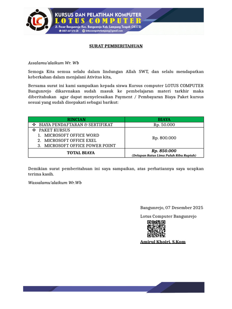 Pembayaran Kursus Lotus Computer | PDF