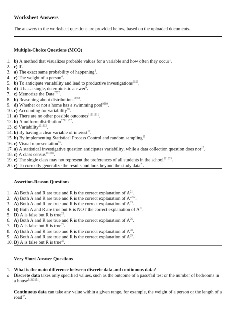 Worksheet Answers for Statistical Concepts | PDF | Probability ...