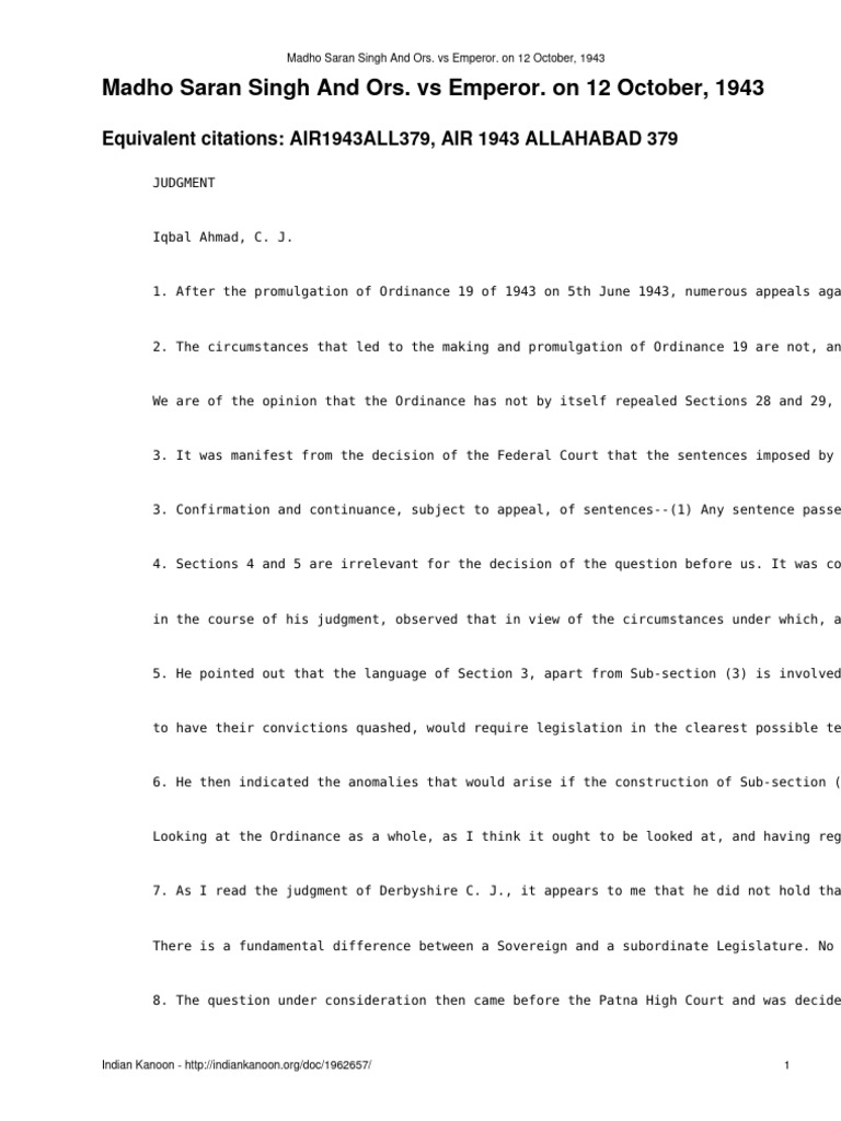 Madho Saran Singh vs Emperor Case Summary | PDF | Criminal Procedure In ...