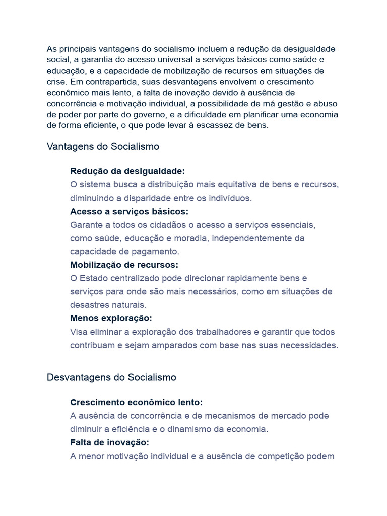 Vantagens e Desvantagens do Socialismo | PDF