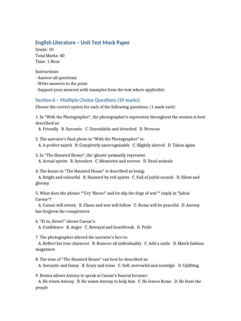 Grade 10 English Literature Unit Test | PDF | Julius Caesar