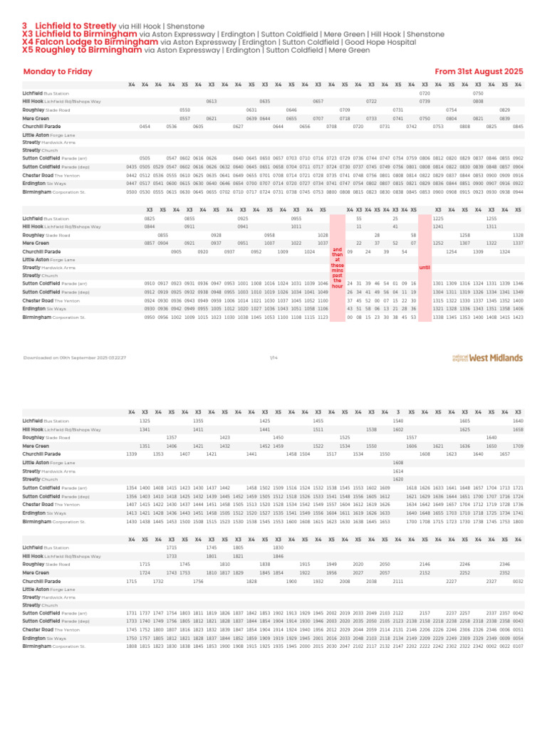 X3, X4, X5 Bus Timetables 2025 | PDF