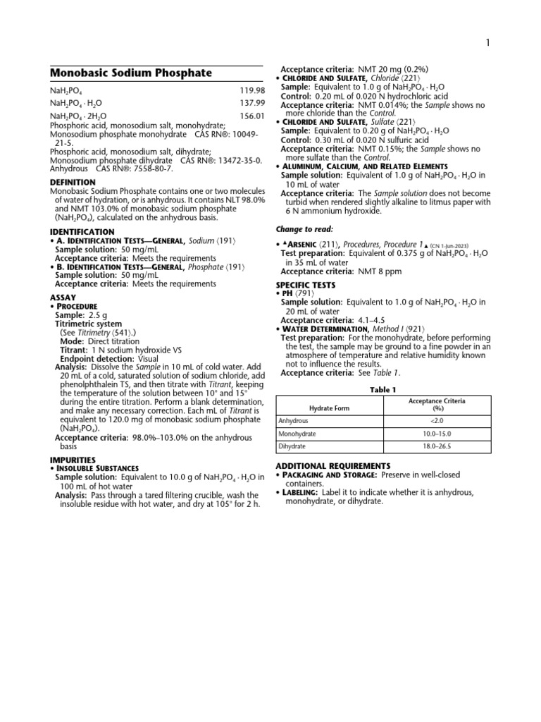 Monobasic Sodium Phosphate Overview | PDF | Titration | Chemistry