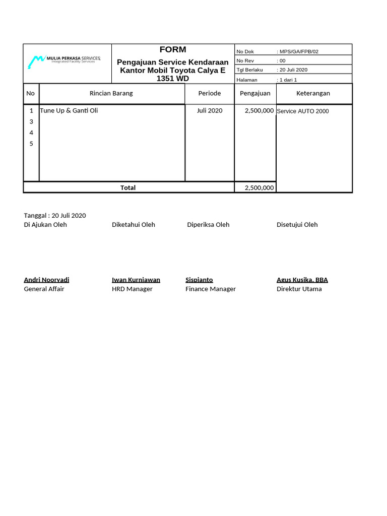Formulir Pengajuan Service Kendaraan | PDF
