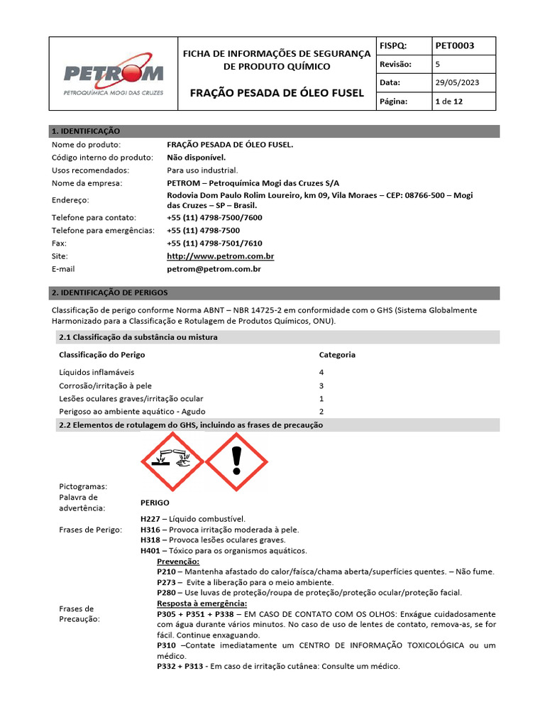 Ficha de Segurança: Óleo Fusel Pesado | PDF | Incêndios | Toxicidade