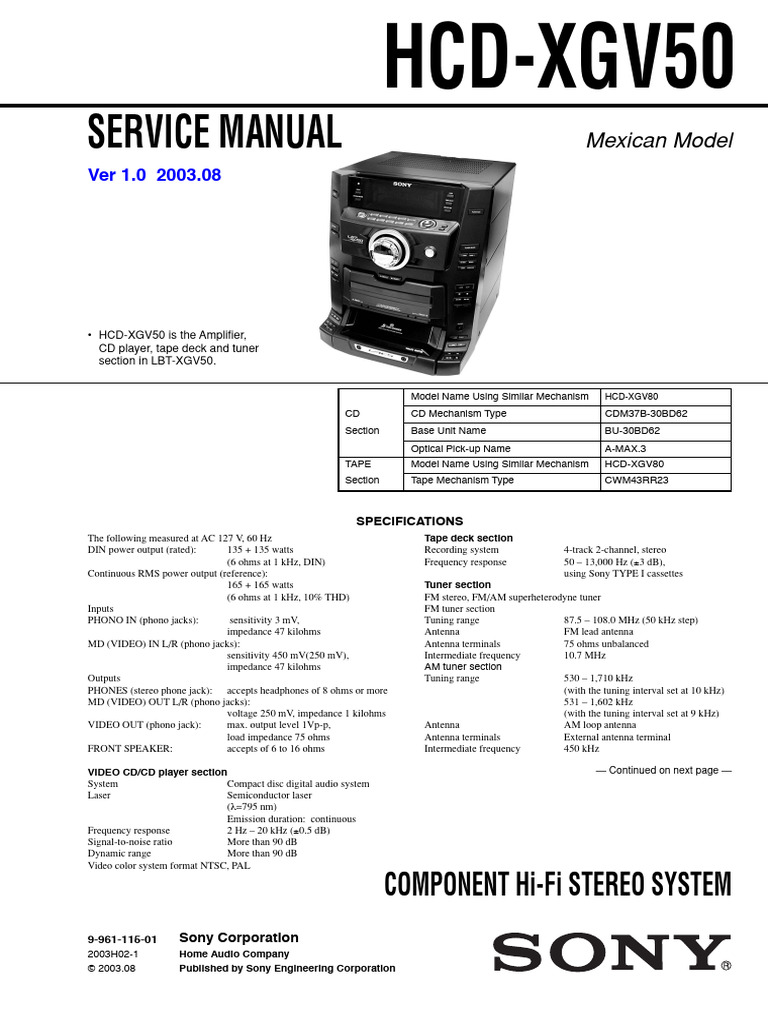 Sony HCD-XGV50 Hi-Fi Stereo System Manual | PDF | Antenna (Radio) | Laser