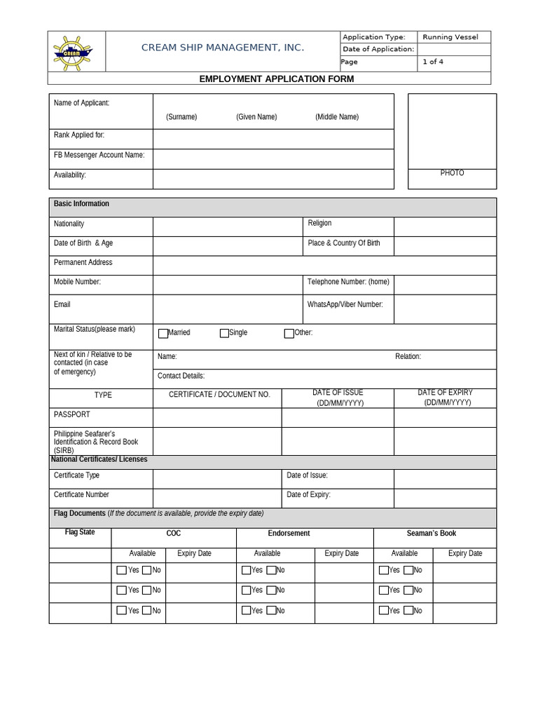Employment Application for Seafarers | PDF | Identity Document | Ships