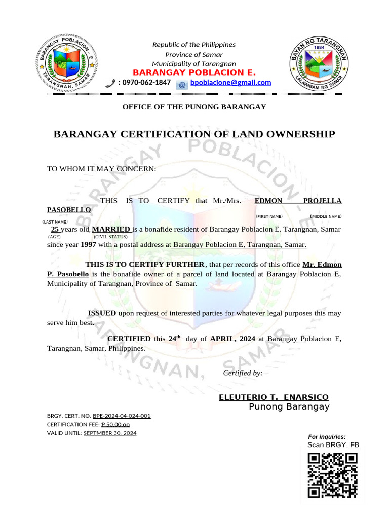 Barangay Land Ownership Certification | PDF