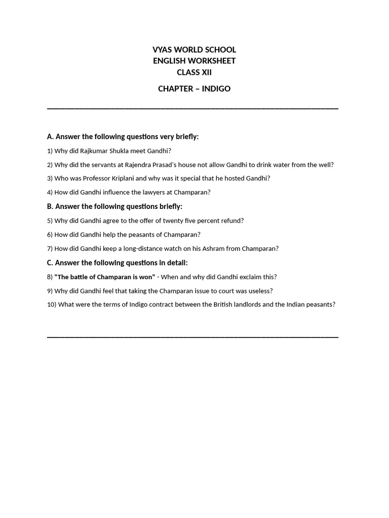 Indigo Chapter Worksheet for Class 12 | PDF