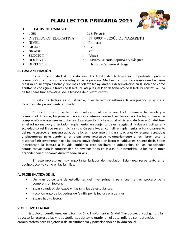 Plan Lector Primaria 2025: Fomento de Lectura | PDF | Educación ...