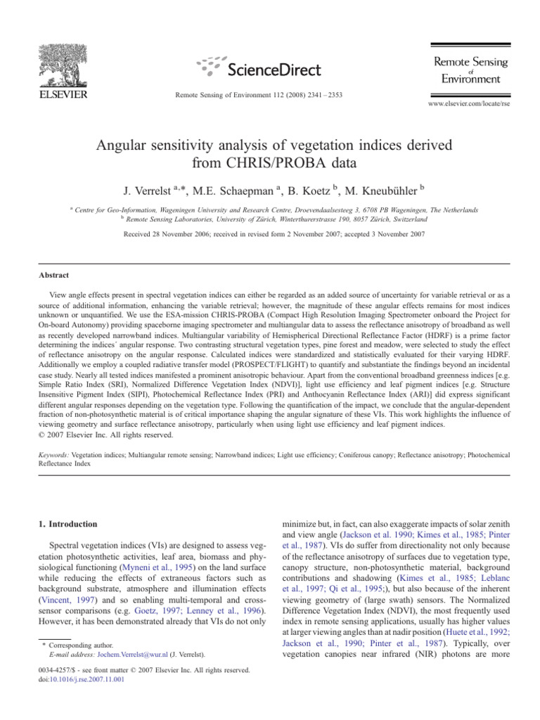 Angular Sensitivity of Vegetation Indices | PDF