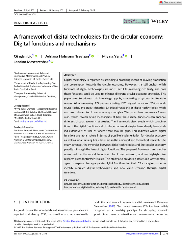 Bus Strat Env - 2022 - Liu - A Framework of Digital Technologies For ...