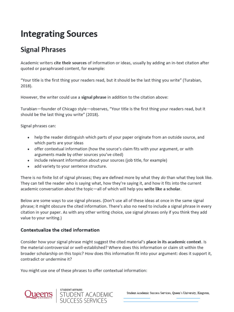 Effective Use of Signal Phrases | PDF | Citation | Note (Typography)