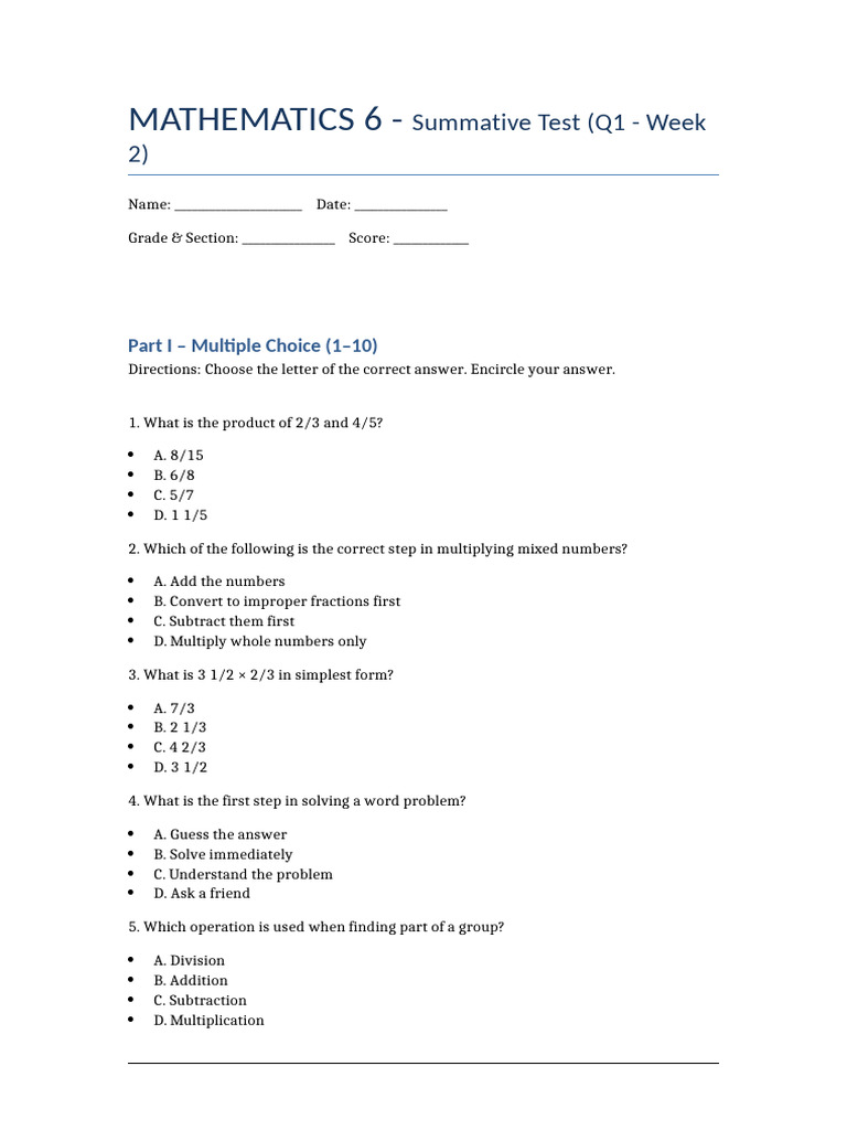 6th Grade Math Summative Test Q1 | PDF | Multiplication | Discrete ...