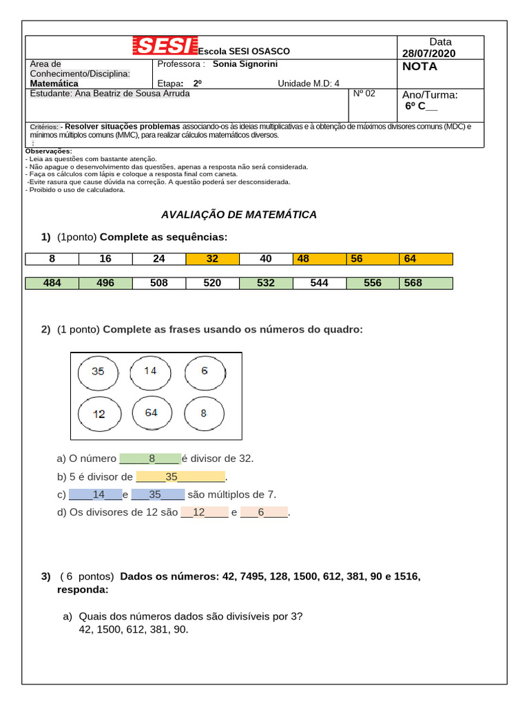 Avaliação Sobre Múltiplos e Divisores 6º Ano - 2020 Oficial | PDF ...