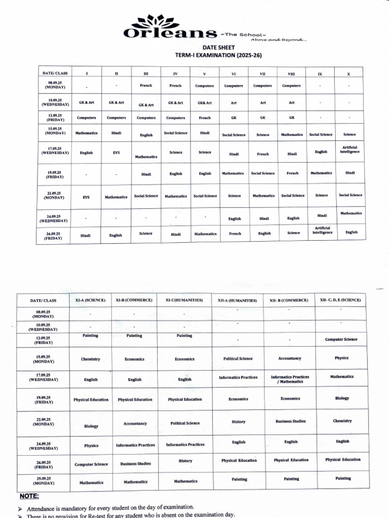 Term-I Exam Date Sheet 2025-26 | PDF | Science