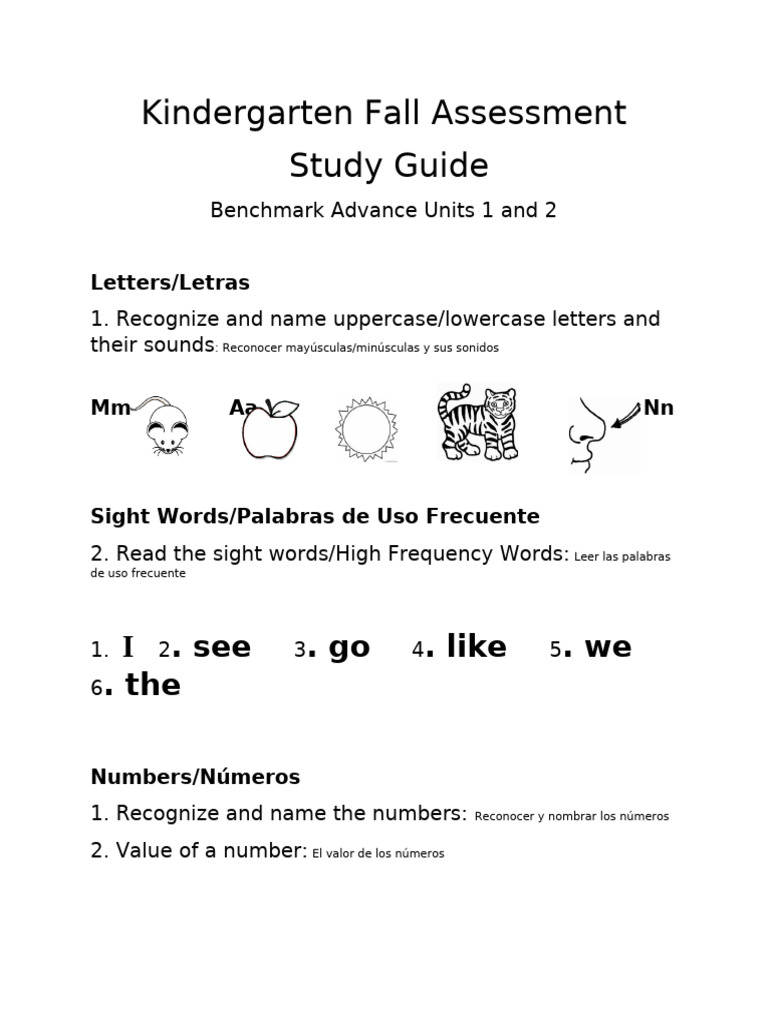Kindergarten Fall Assessment Study Guide | PDF