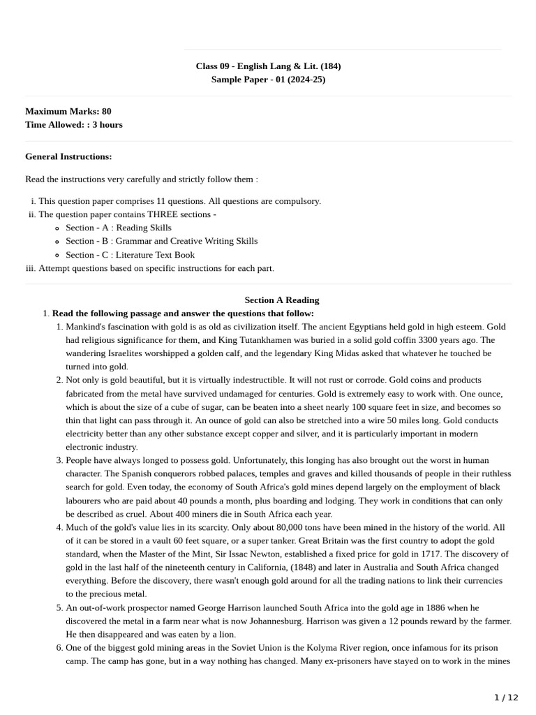 Class 09 English Lang & Lit Sample Paper | PDF | Gold | Traffic Congestion