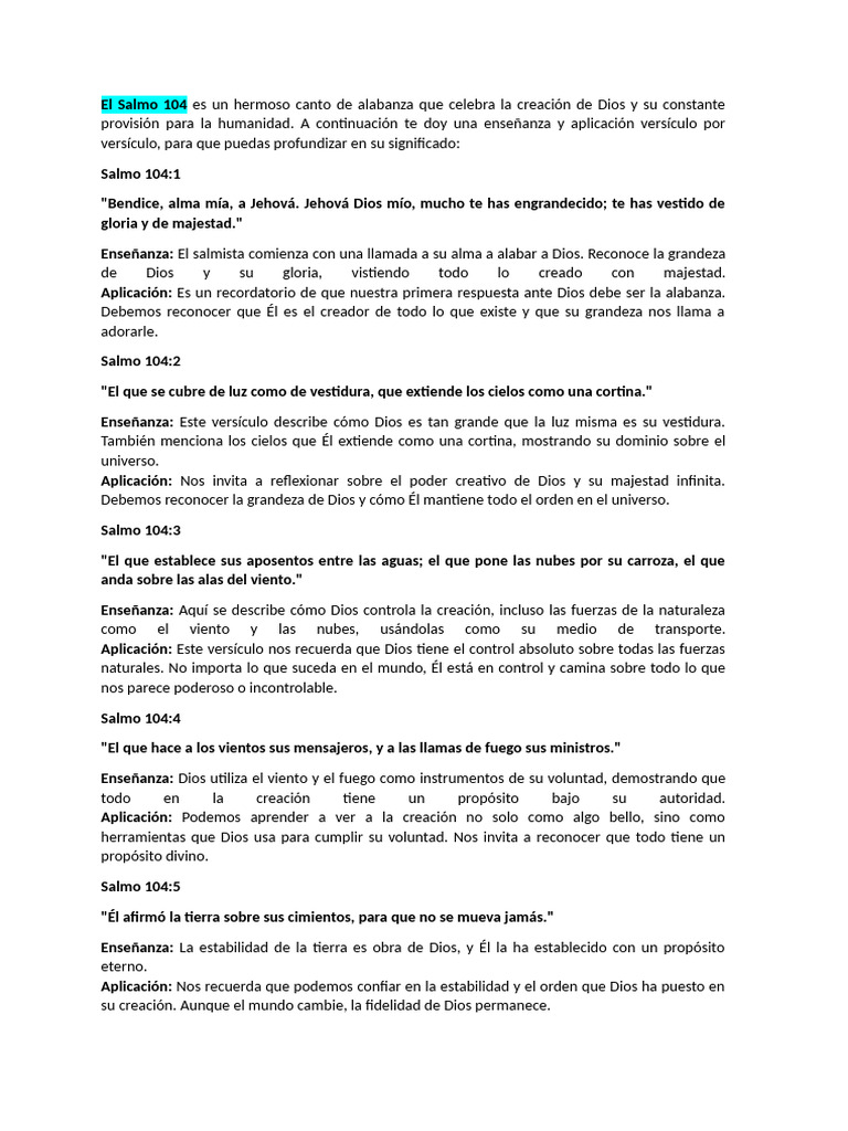 Reflexiones sobre el Salmo 104 | PDF | Salmos | Dios