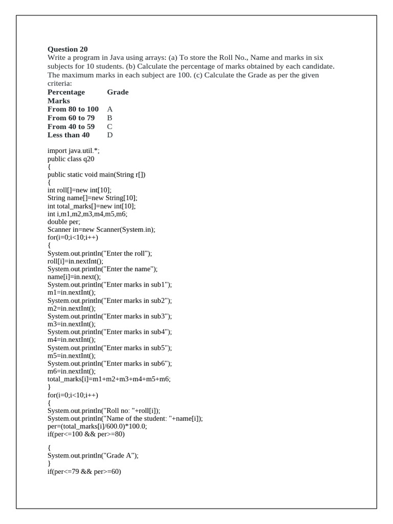 Java Program for Student Grades Calculation | PDF