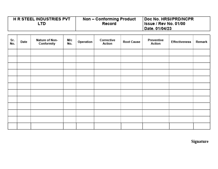 Non-Conforming Product Record HRSI | PDF