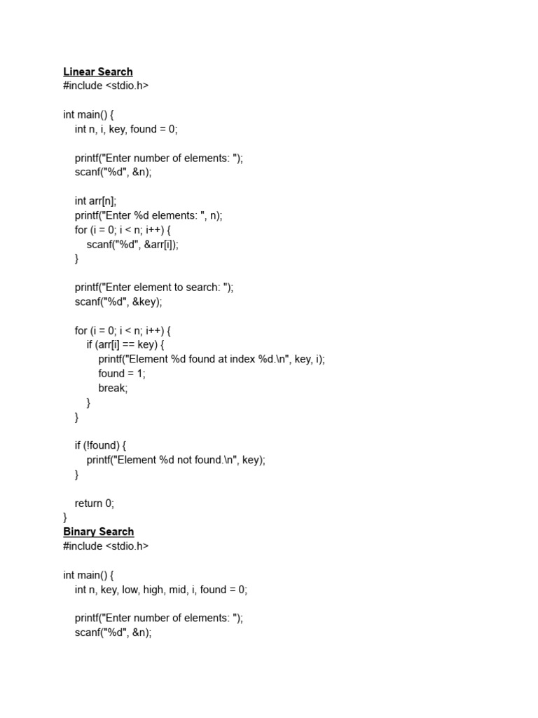 Linear and Binary Search in C | PDF