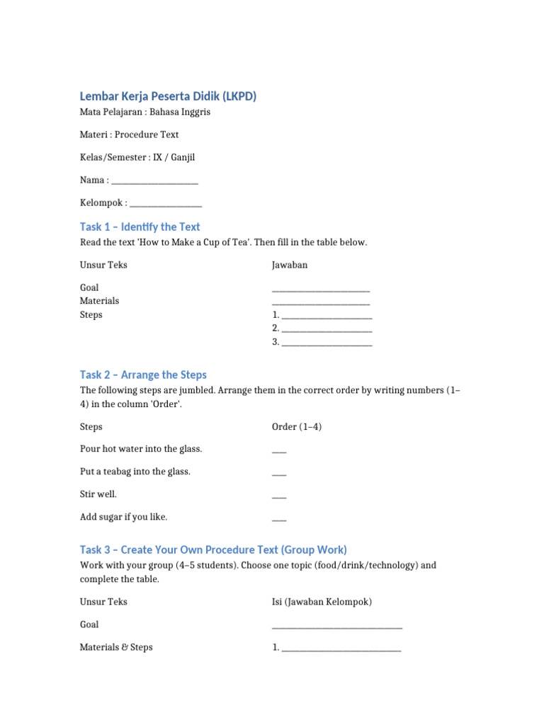 LKPD Procedure Text Kelas IX | PDF