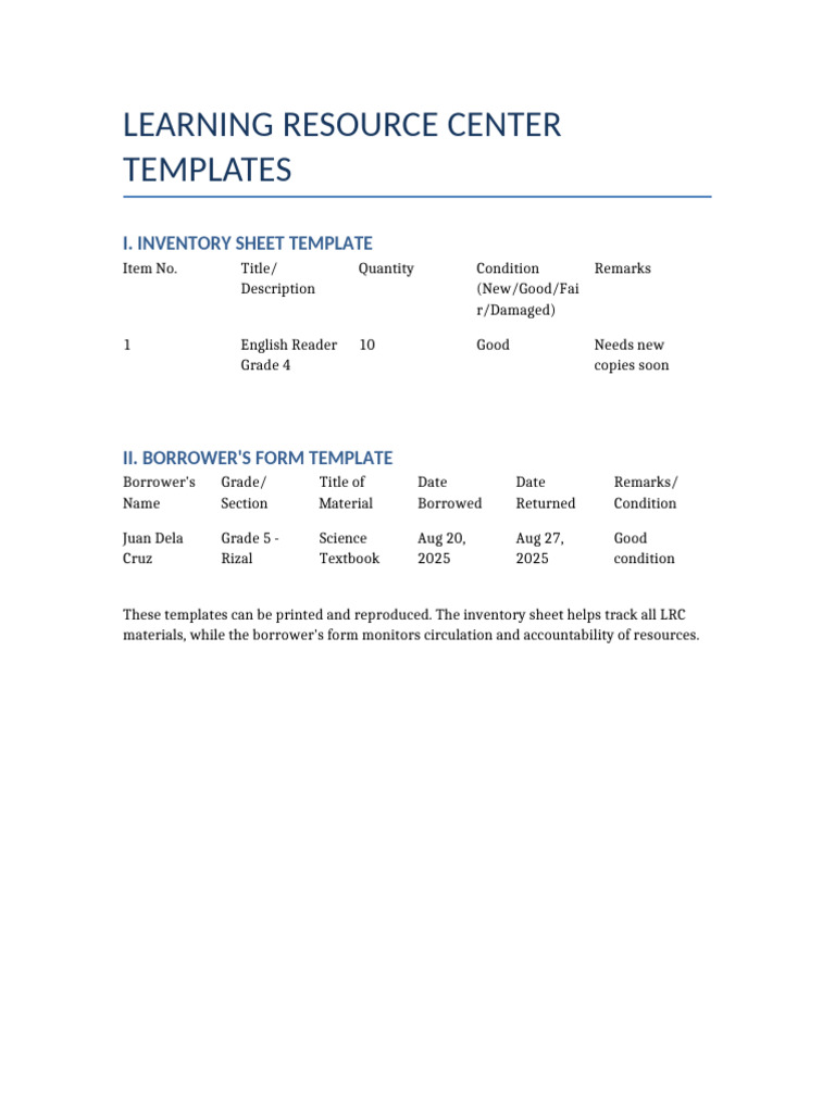 LRC Templates Inventory Borrowers | PDF