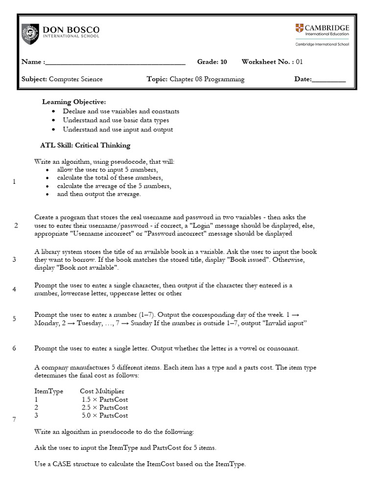 Programming Concepts for Grade 10 | PDF