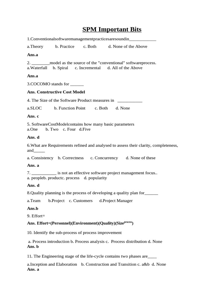Key SPM MCQ Insights and Objectives | PDF | Software | Project Management