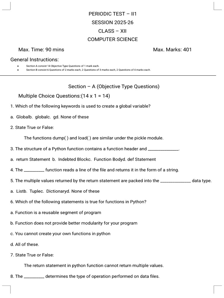 Class XII Computer Science Test II 2025-26 | PDF | Python (Programming ...