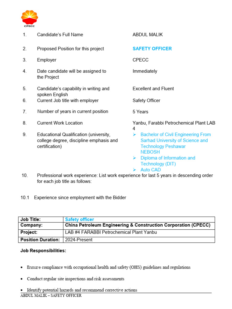 Abdul Malik: HSE Officer Profile | PDF | Occupational Safety And Health ...