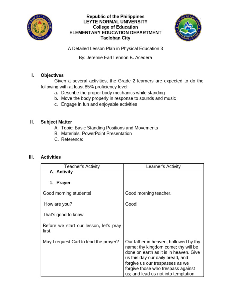 A Detailed Lesson Plan in Physical Education 3 | PDF | Lord's Prayer ...