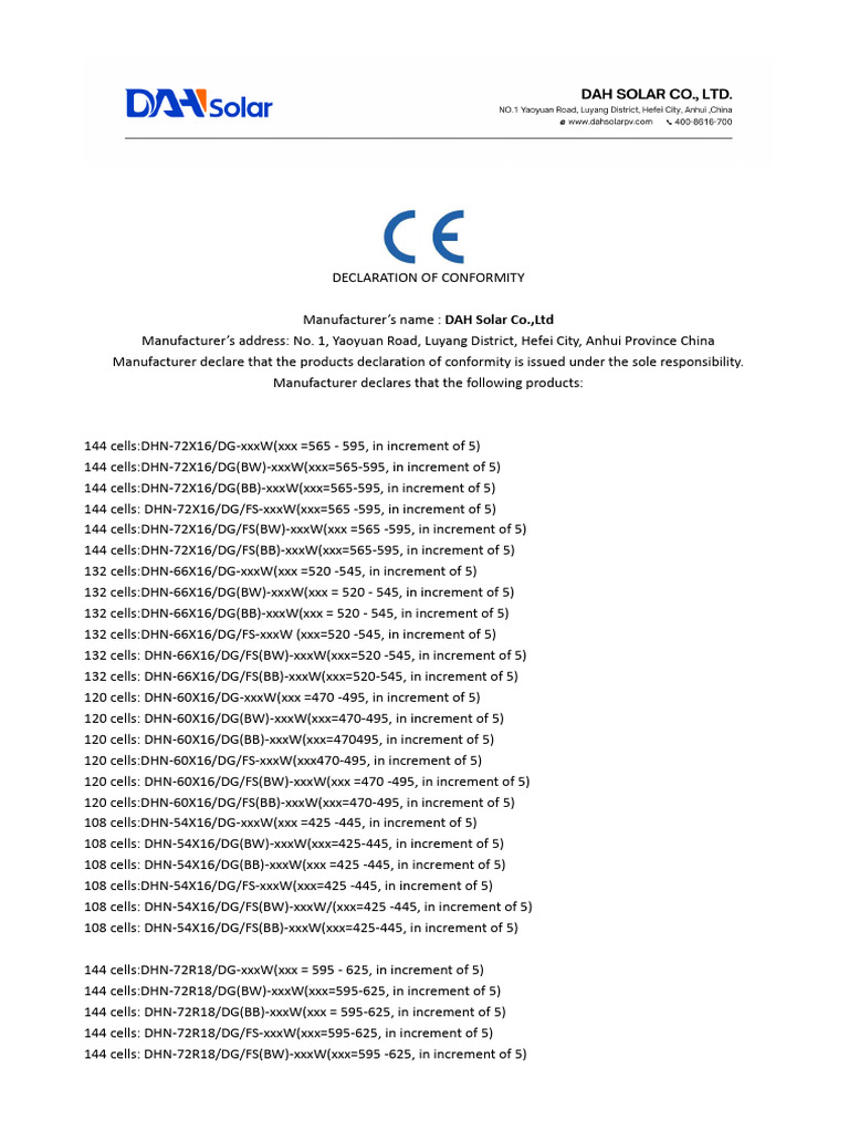 DAH Solar Product Conformity Declaration | PDF | International ...