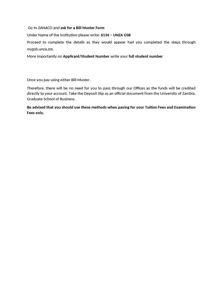 ZANACO Bill Muster Payment Guide | PDF