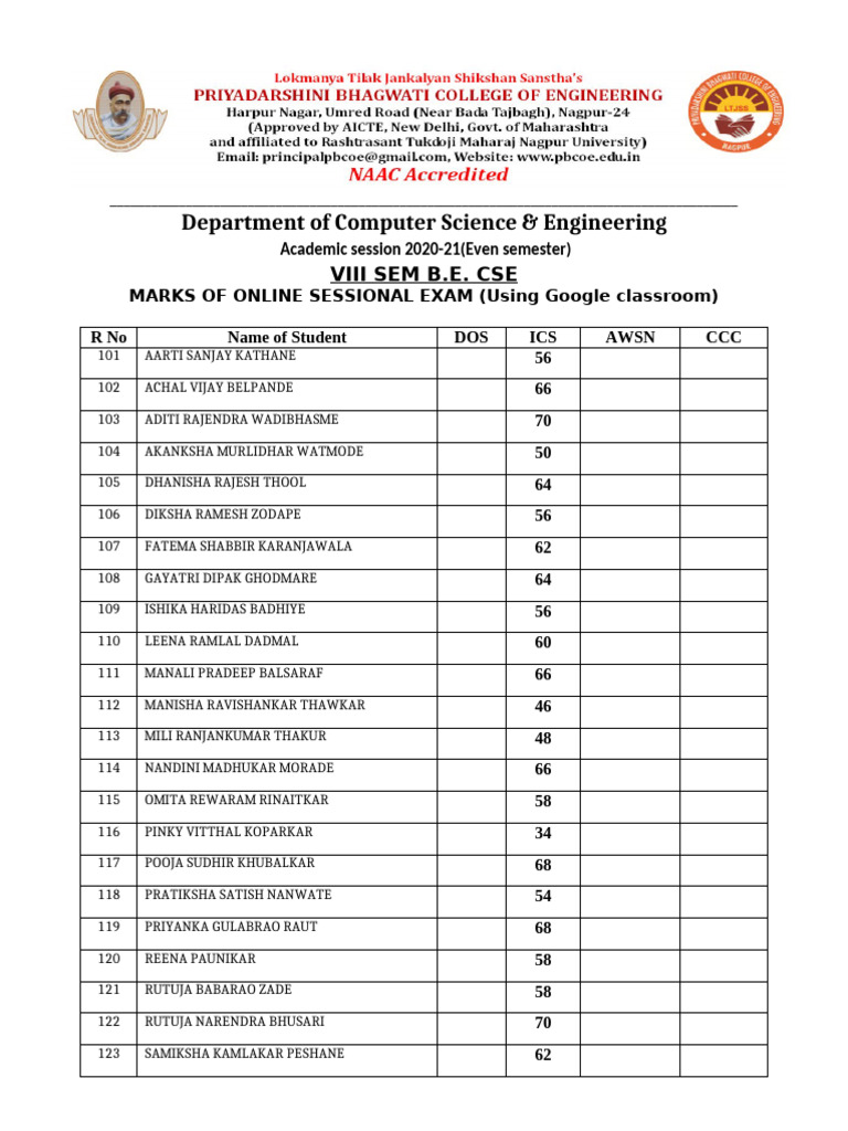 Sessional Exam Marks for CSE Students | PDF