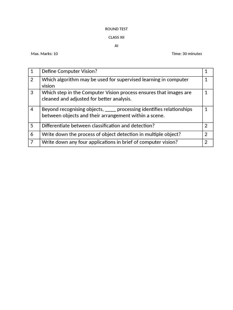 Computer Vision Exam Questions for Class XII | PDF
