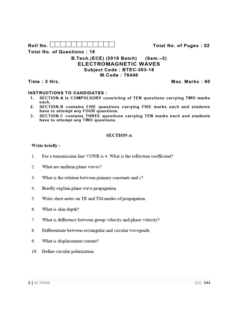 B.Tech ECE Electromagnetic Waves Exam Guide | PDF | Transmission Line ...