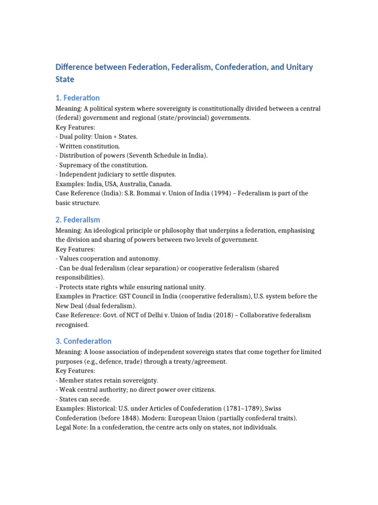 Federation vs. Federalism vs. Confederation vs. Unitary State | PDF ...